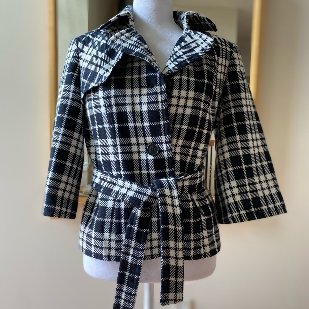 East 5th Womens Petite Med Black White Plaid Lined Belted 3/4 Sleeve Jacket coat